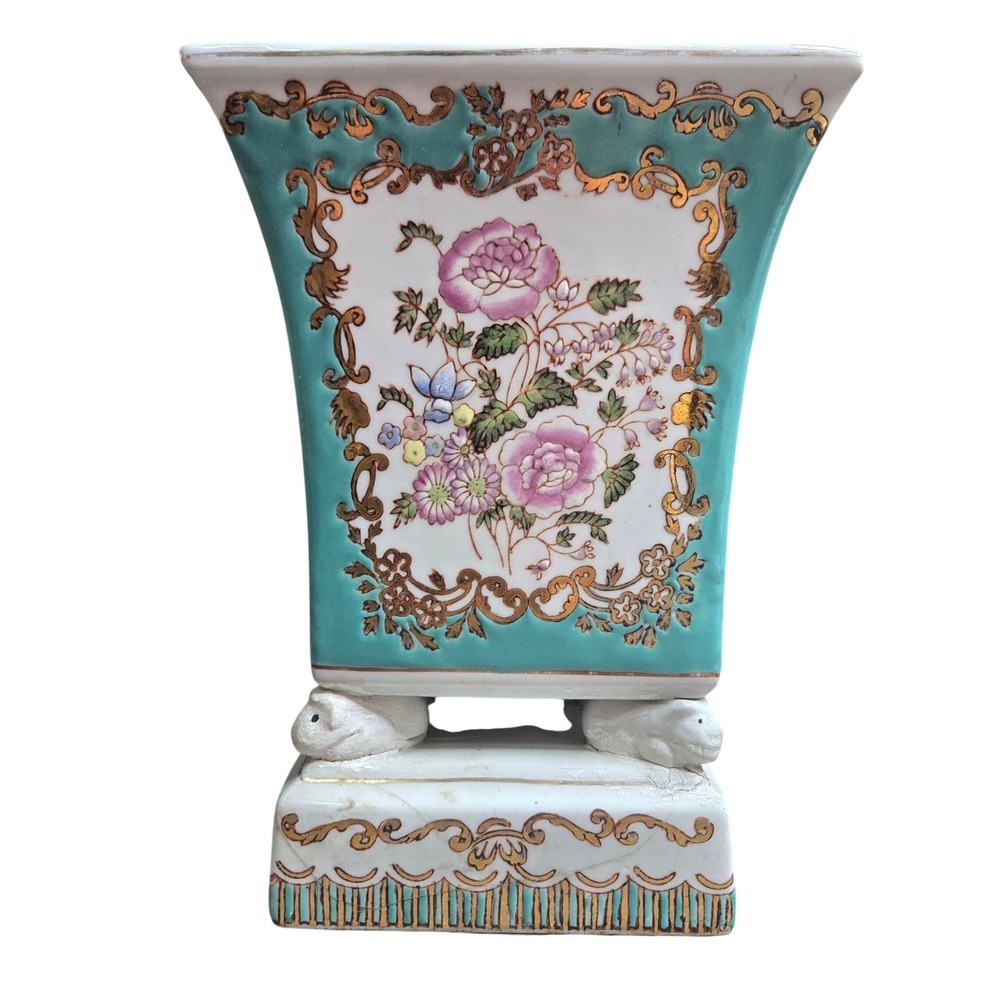 Vintage Chinese Porcelain Vase Cachepot Turquoise Floral Gold Rabbit Footed